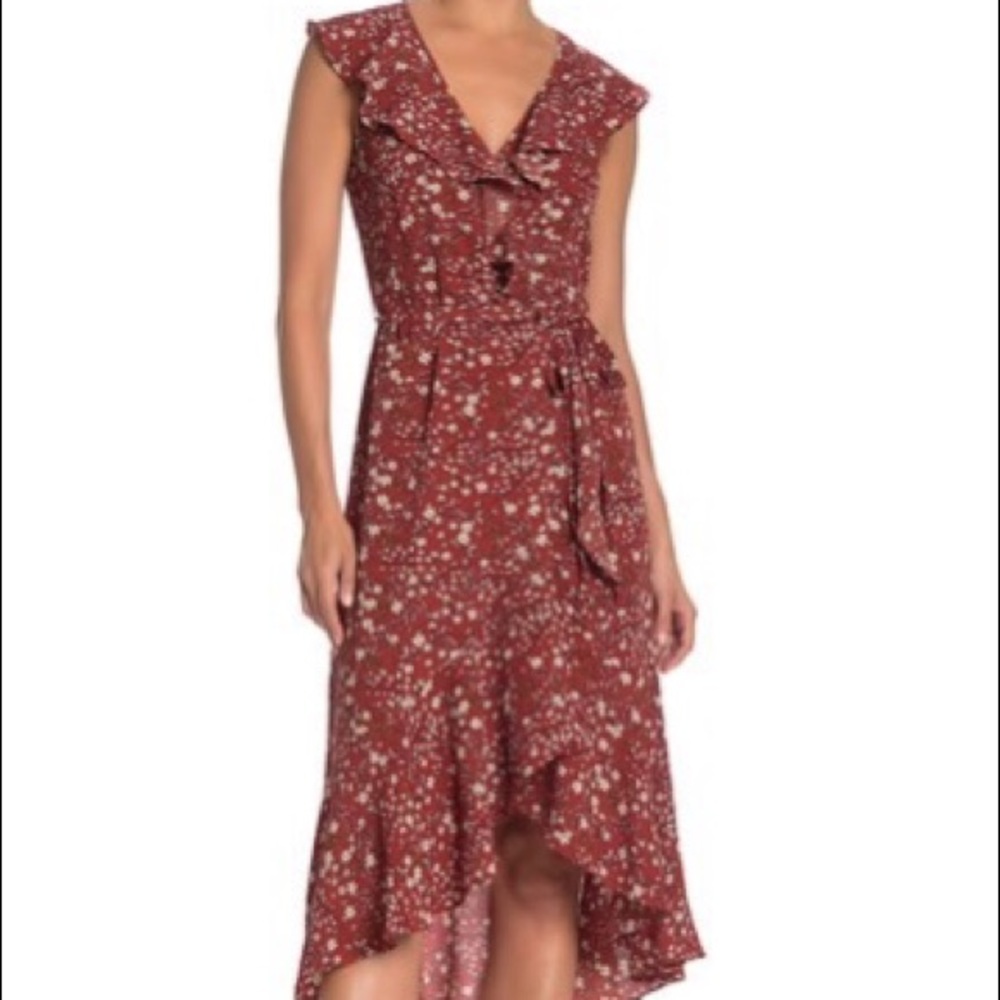 Max Studio patterned ruffle wrap midi dress
